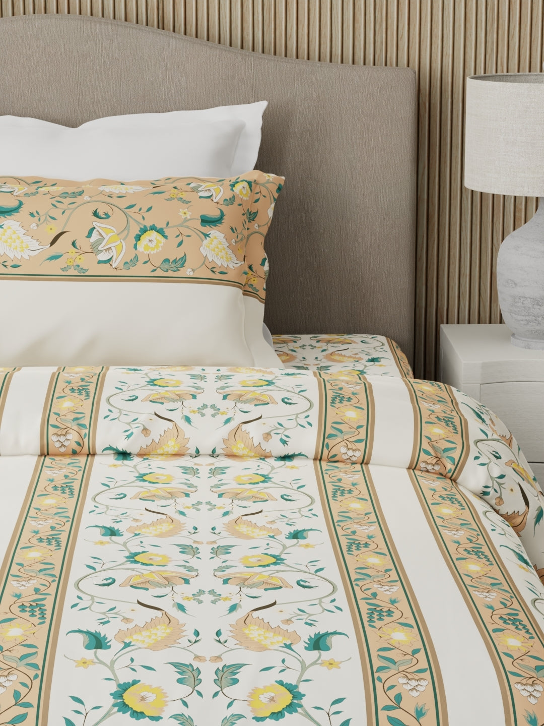 100% Cotton 200 TC Karigari Printed Single Bedsheet with 1 Pillow Cover - Yellow & White - Valatia