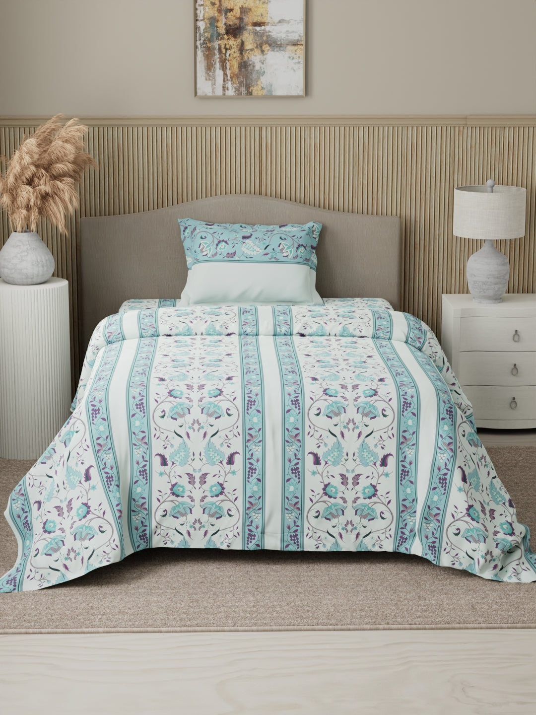 Valatia 100% Cotton 200 TC Karigari Printed Single Bedsheet with 1 Pillow Cover - Blue & White