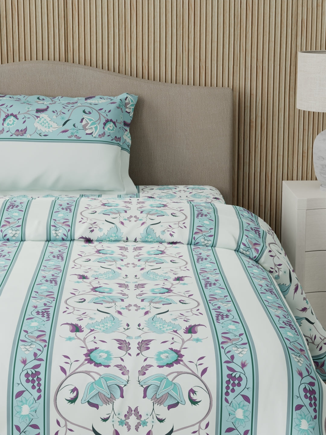 Valatia 100% Cotton 200 TC Karigari Printed Single Bedsheet with 1 Pillow Cover - Blue & White