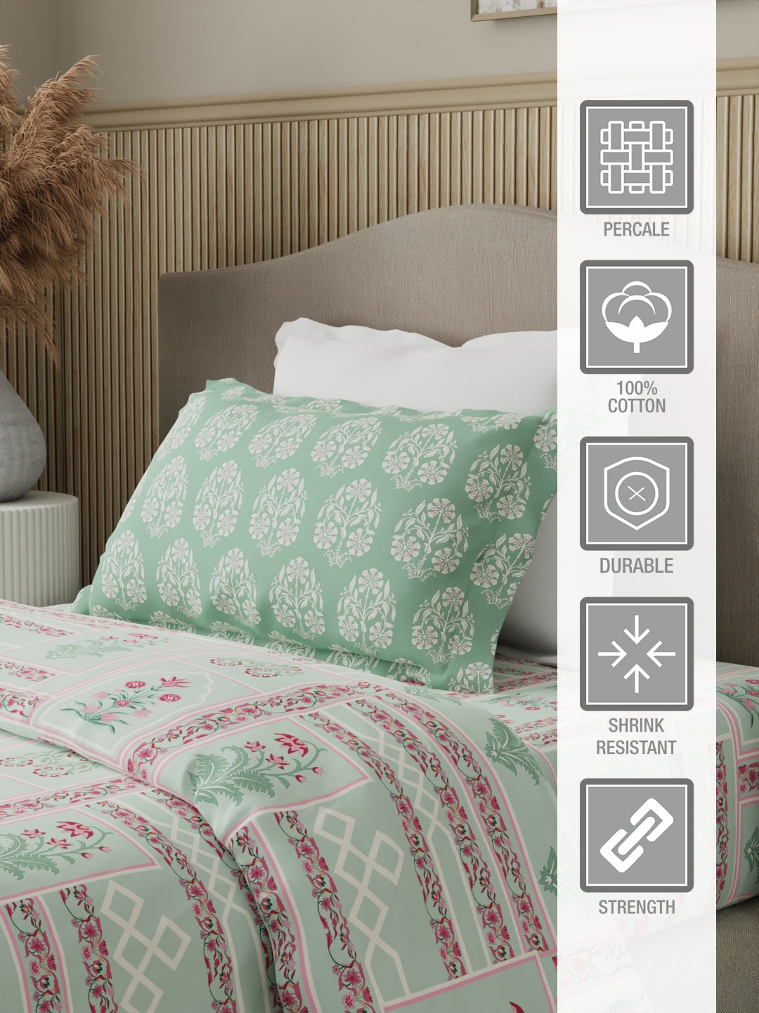 100% Cotton 200 TC Karigari Printed Single Bedsheet with 1 Pillow Cover - Green & Pink - Valatia