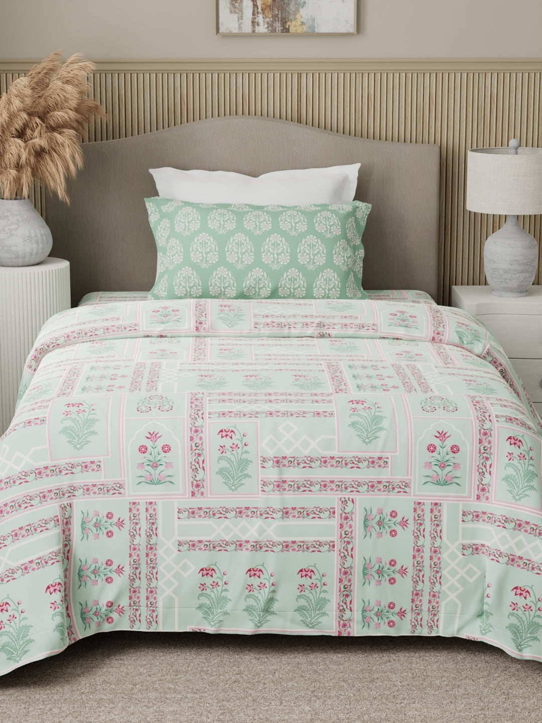 100% Cotton 200 TC Karigari Printed Single Bedsheet with 1 Pillow Cover - Green & Pink - Valatia