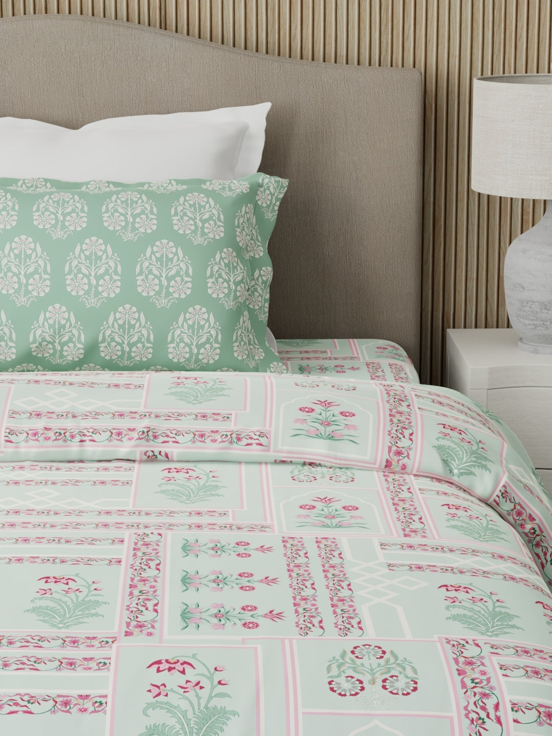 100% Cotton 200 TC Karigari Printed Single Bedsheet with 1 Pillow Cover - Green & Pink - Valatia