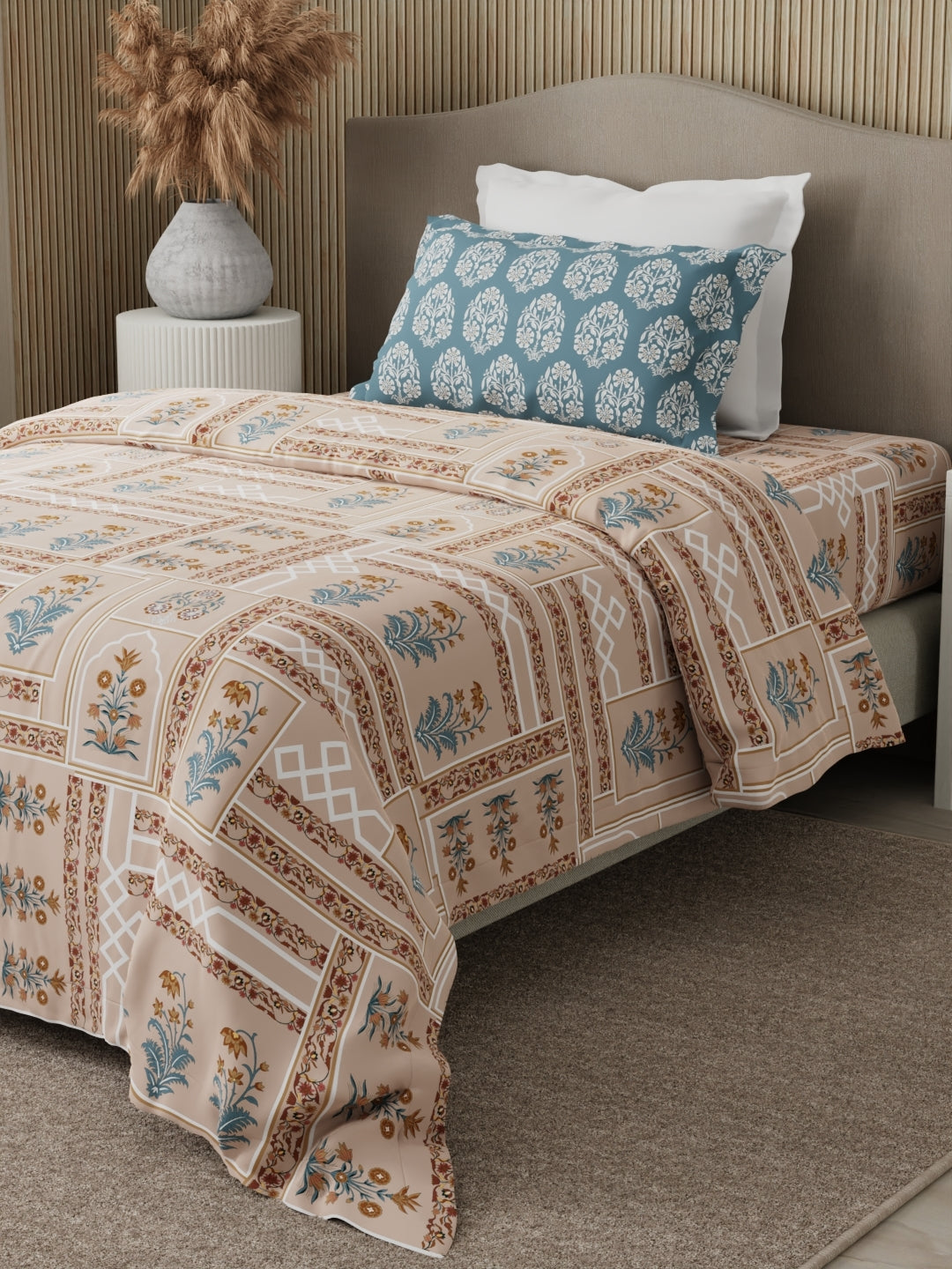 100% Cotton 200 TC Karigari Printed Single Bedsheet with 1 Pillow Cover - Brown & Pink - Valatia