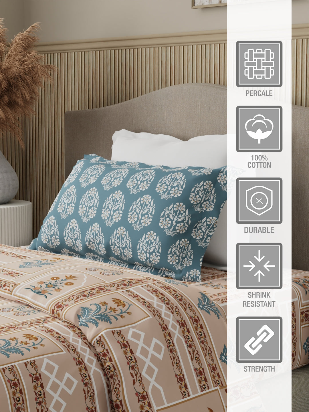 100% Cotton 200 TC Karigari Printed Single Bedsheet with 1 Pillow Cover - Brown & Pink - Valatia