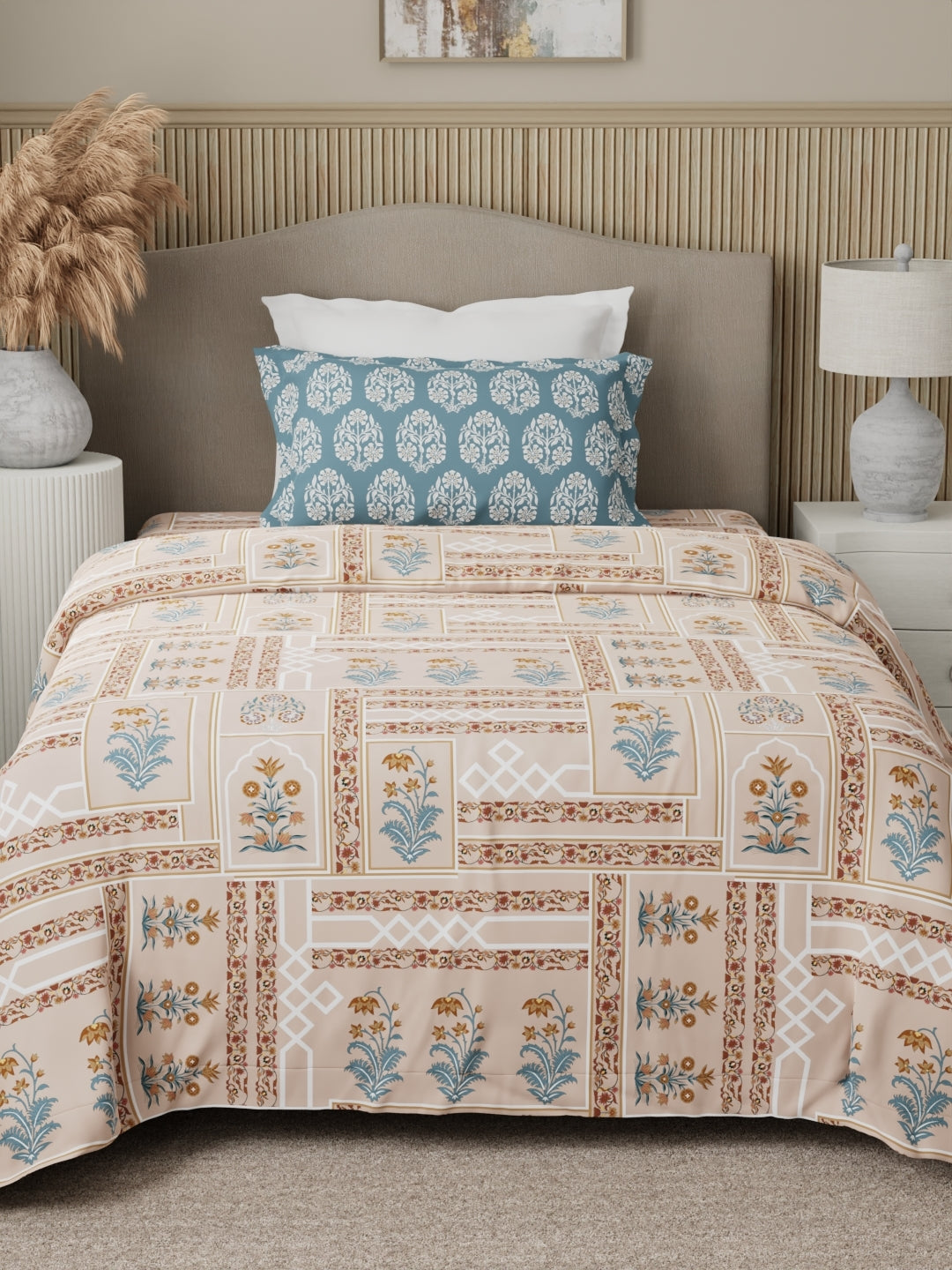 100% Cotton 200 TC Karigari Printed Single Bedsheet with 1 Pillow Cover - Brown & Pink - Valatia