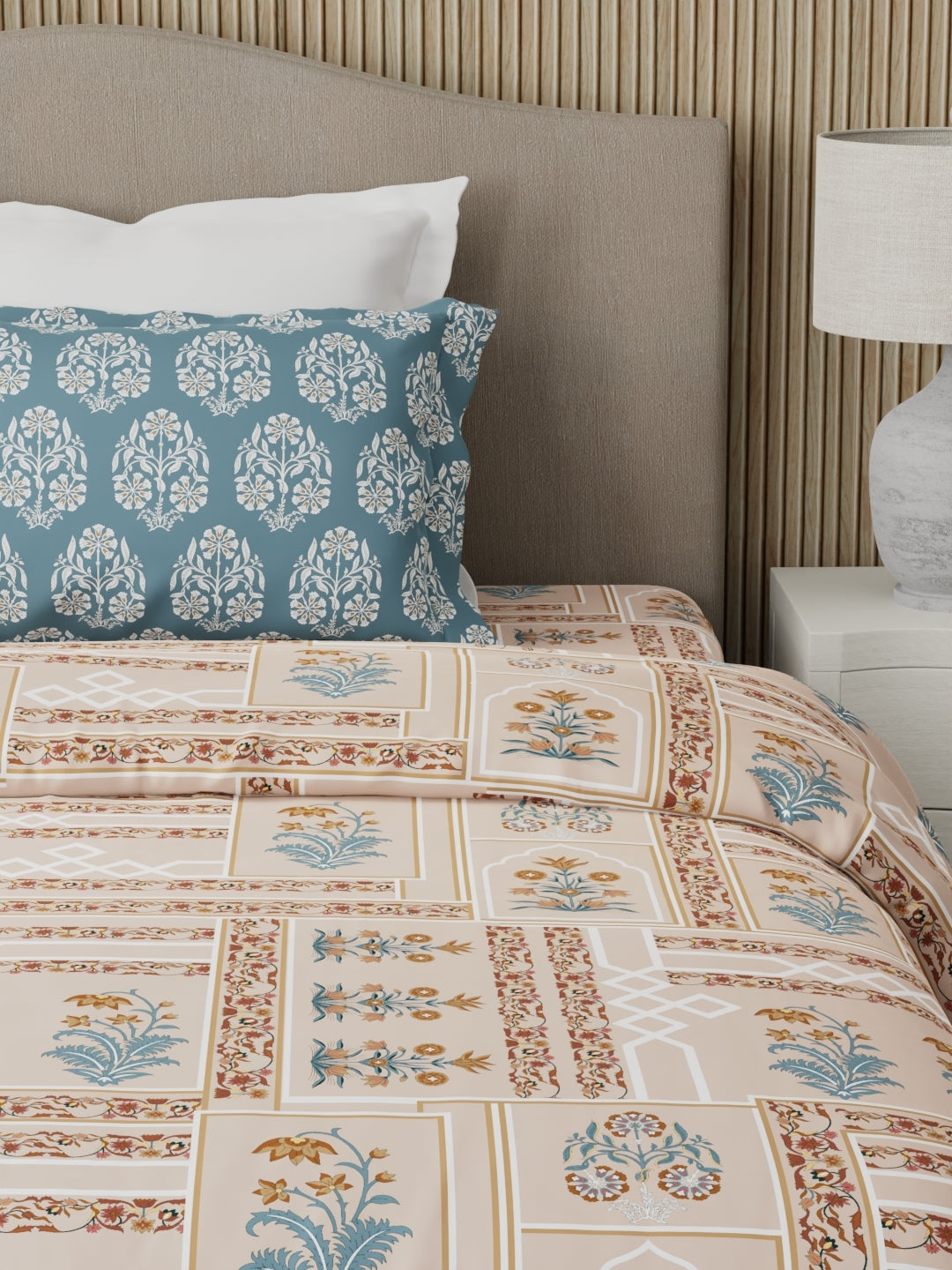 100% Cotton 200 TC Karigari Printed Single Bedsheet with 1 Pillow Cover - Brown & Pink - Valatia