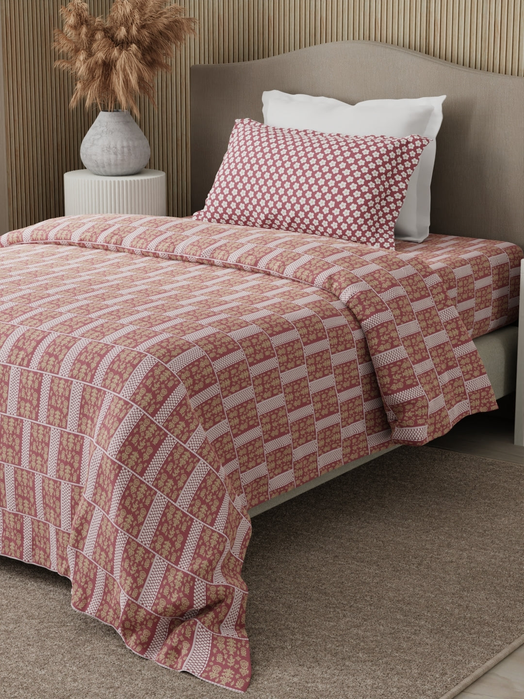 100% Cotton 200 TC Karigari Printed Single Bedsheet with 1 Pillow Cover - Pink - Valatia