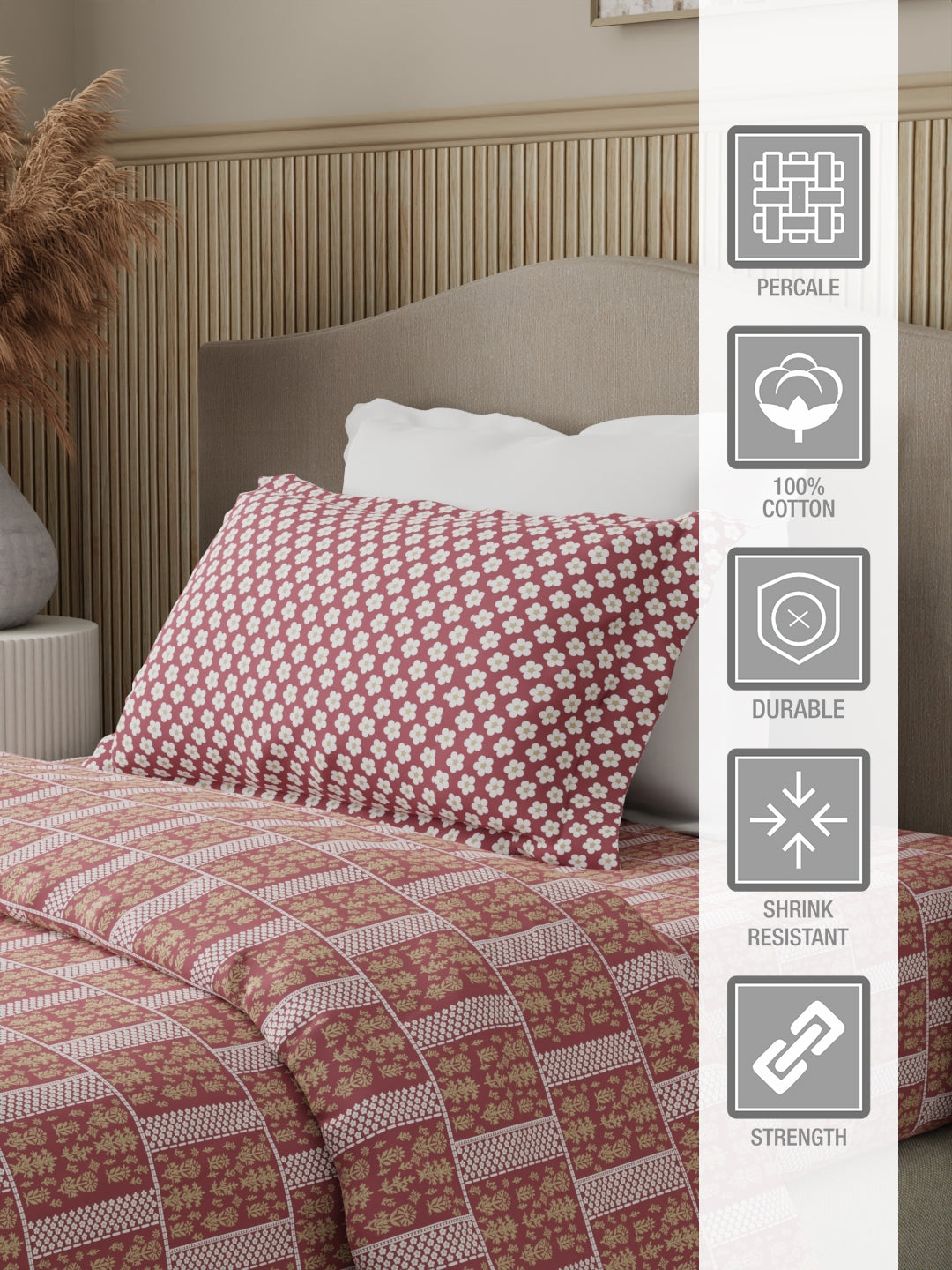100% Cotton 200 TC Karigari Printed Single Bedsheet with 1 Pillow Cover - Pink - Valatia