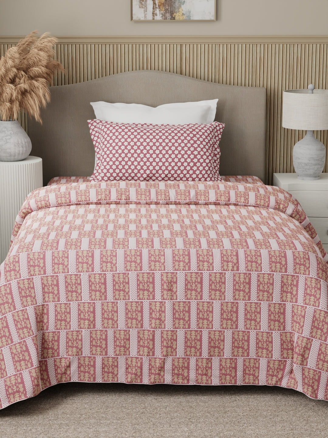 100% Cotton 200 TC Karigari Printed Single Bedsheet with 1 Pillow Cover - Pink - Valatia