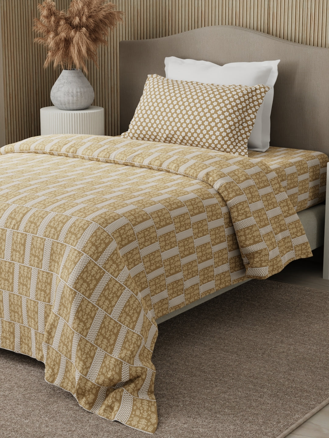 100% Cotton 200 TC Karigari Printed Single Bedsheet with 1 Pillow Cover - Beige - Valatia