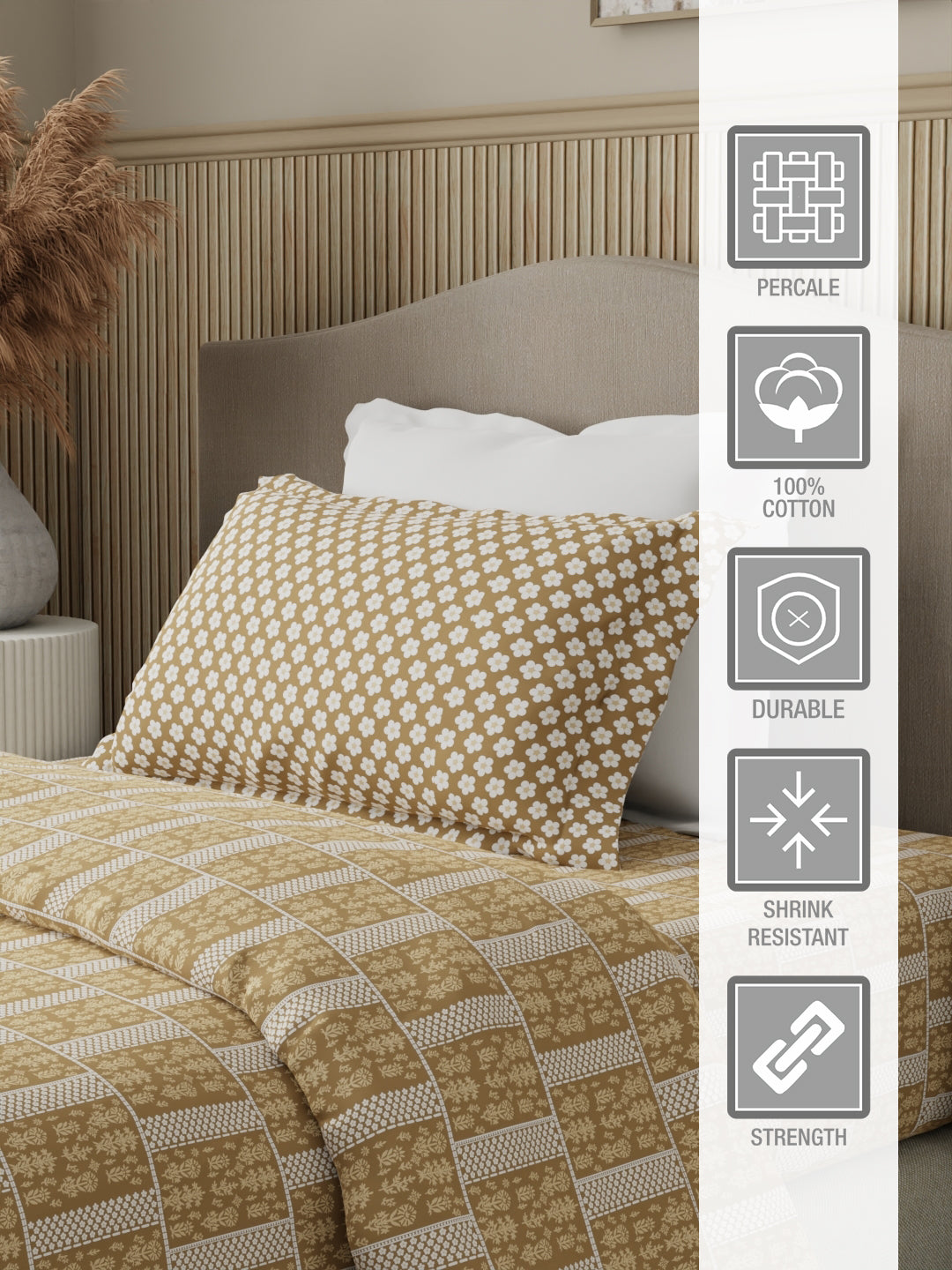 100% Cotton 200 TC Karigari Printed Single Bedsheet with 1 Pillow Cover - Beige - Valatia