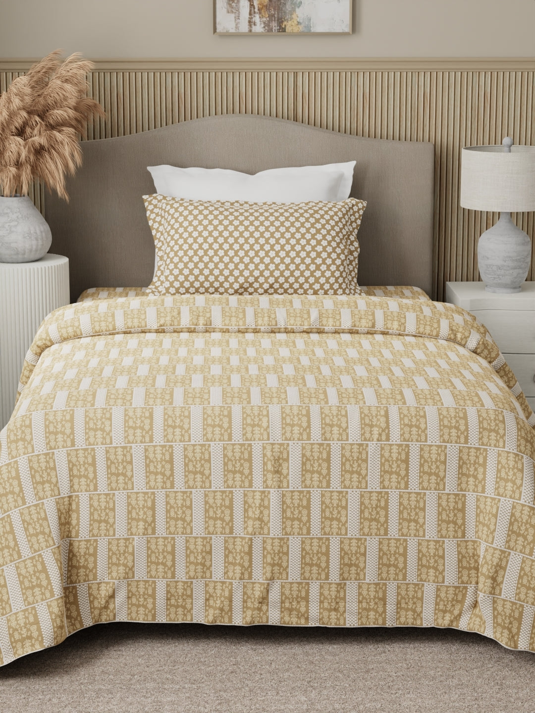 100% Cotton 200 TC Karigari Printed Single Bedsheet with 1 Pillow Cover - Beige - Valatia