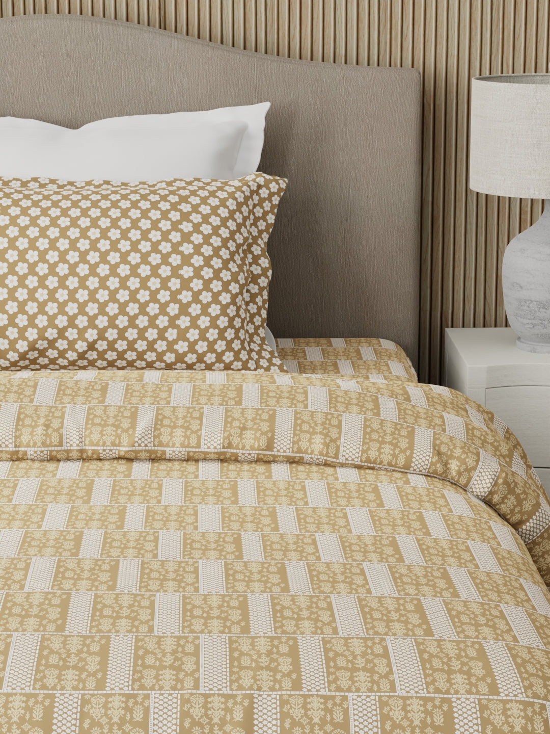 100% Cotton 200 TC Karigari Printed Single Bedsheet with 1 Pillow Cover - Beige - Valatia