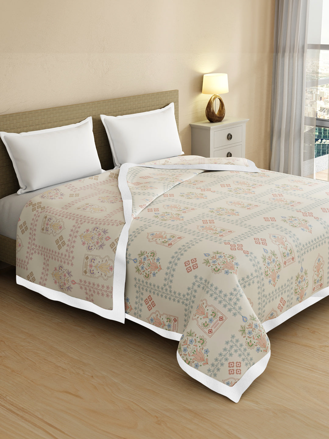 Valatia Karigari 100% Cotton 200 TC Grey Ethnic Print Reversible Double Size Dohar (100 L x 90 W inches)