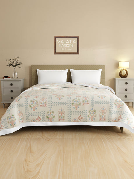 Valatia Karigari 100% Cotton 200 TC Grey Ethnic Print Reversible Double Size Dohar (100 L x 90 W inches)