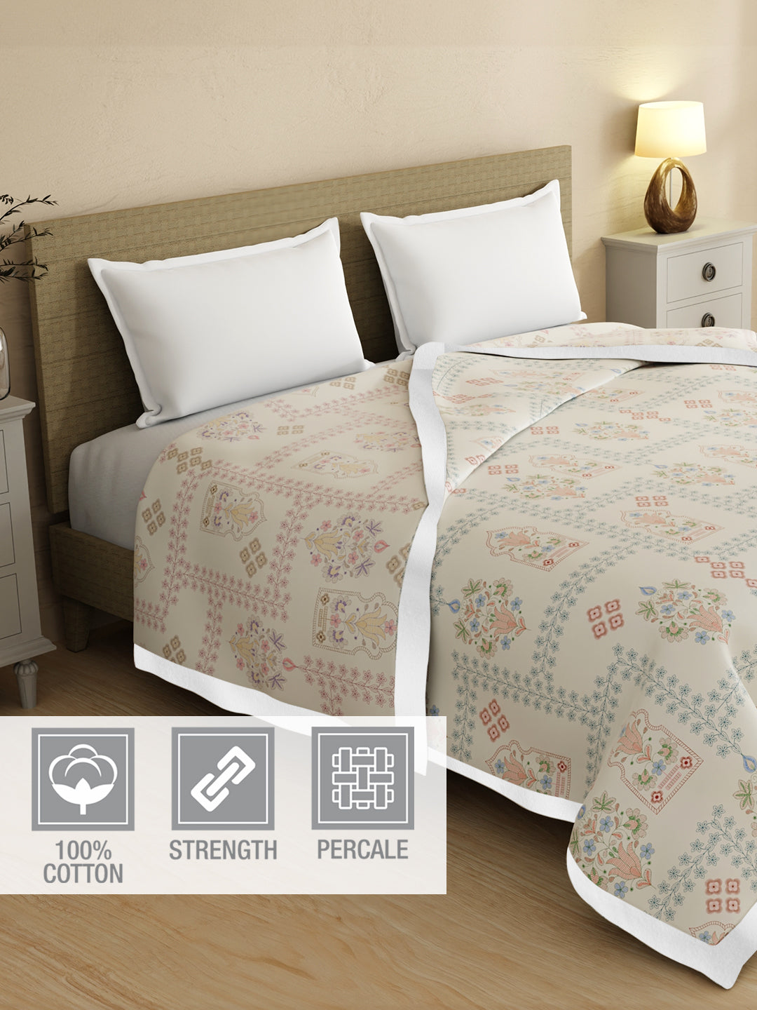 Valatia Karigari 100% Cotton 200 TC Grey Ethnic Print Reversible Double Size Dohar (100 L x 90 W inches)