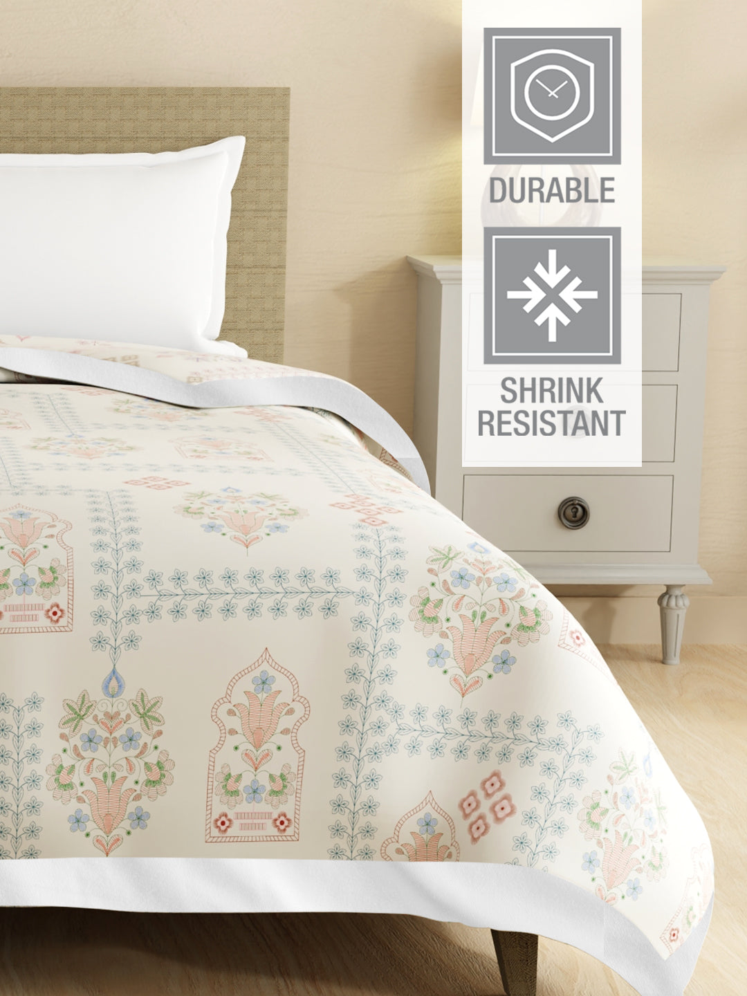 Valatia Karigari 100% Cotton 200 TC Grey Ethnic Print Reversible Double Size Dohar (100 L x 90 W inches)