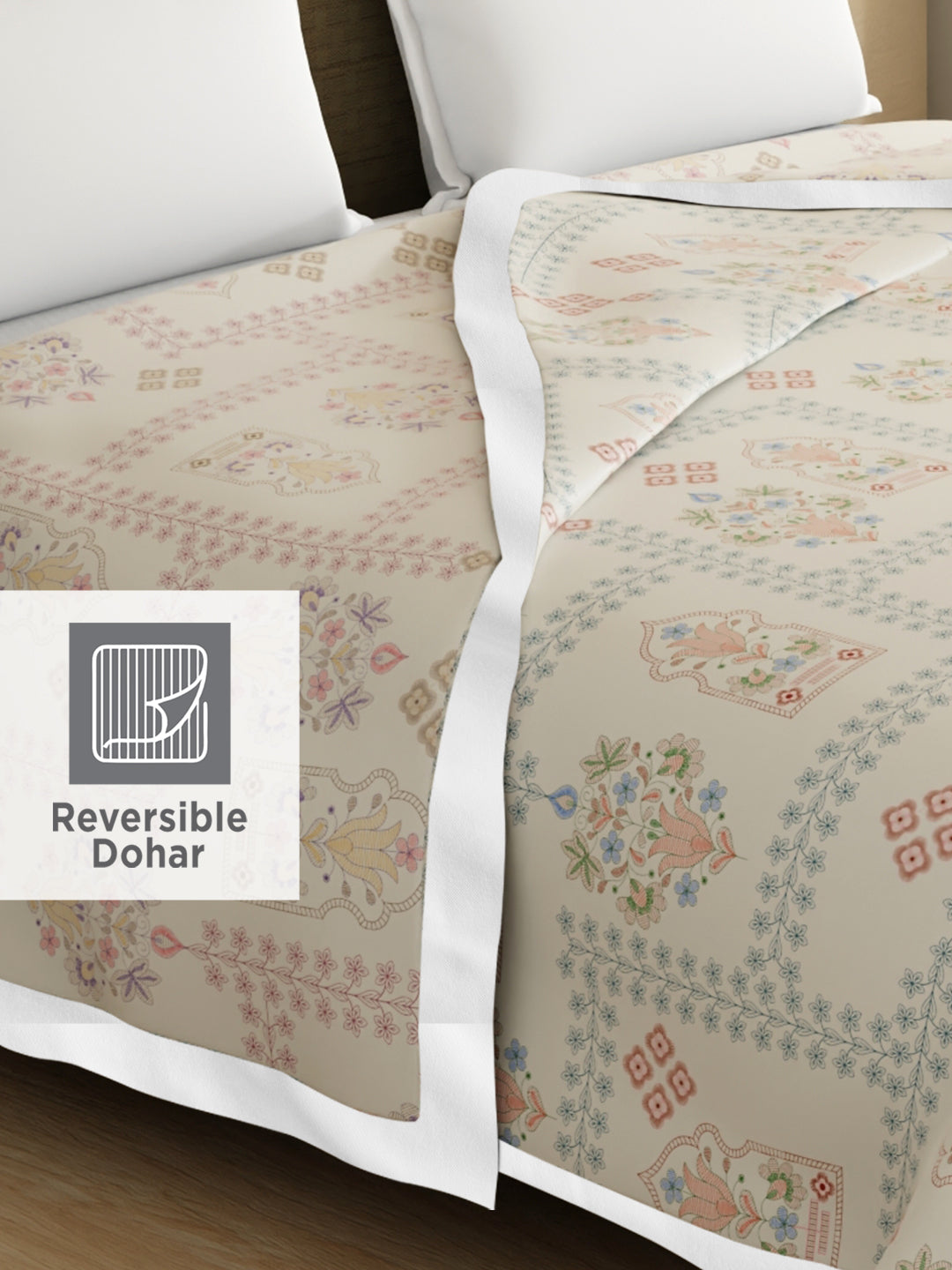 Valatia Karigari 100% Cotton 200 TC Grey Ethnic Print Reversible Double Size Dohar (100 L x 90 W inches)