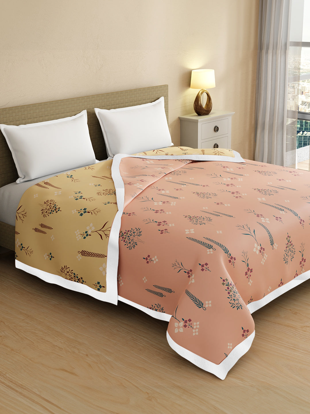 Valatia Karigari 100% Cotton 200 TC Peach & Yellow Floral Reversible Double Size Dohar (100 L x 90 W inches)