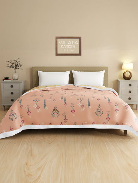 Valatia Karigari 100% Cotton 200 TC Peach & Yellow Floral Reversible Double Size Dohar (100 L x 90 W inches)