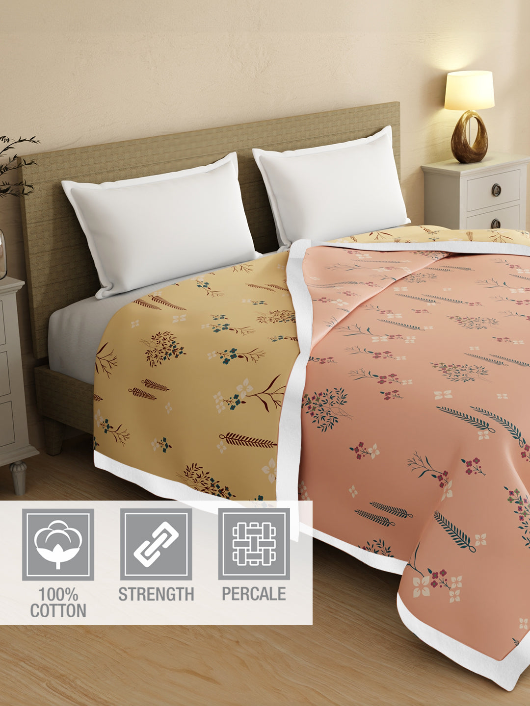 Valatia Karigari 100% Cotton 200 TC Peach & Yellow Floral Reversible Double Size Dohar (100 L x 90 W inches)
