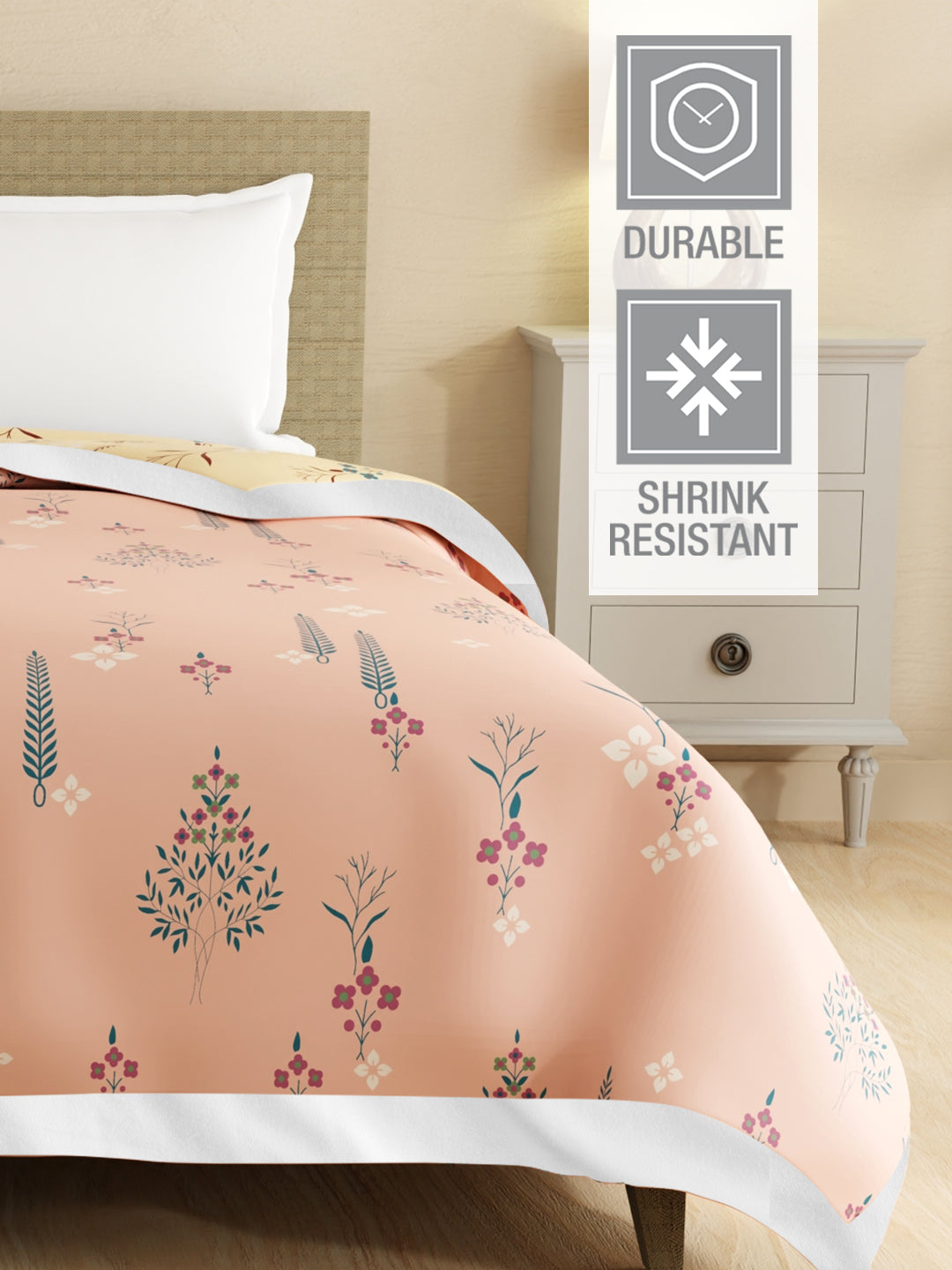 Valatia Karigari 100% Cotton 200 TC Peach & Yellow Floral Reversible Double Size Dohar (100 L x 90 W inches)