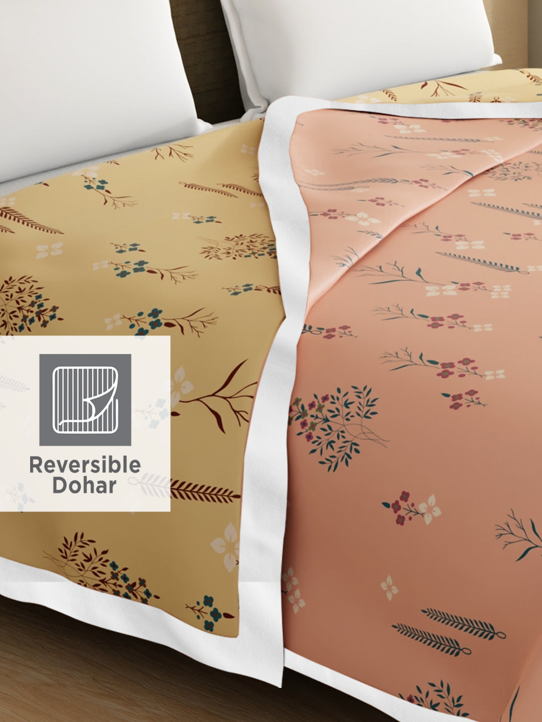 Valatia Karigari 100% Cotton 200 TC Peach & Yellow Floral Reversible Double Size Dohar (100 L x 90 W inches)