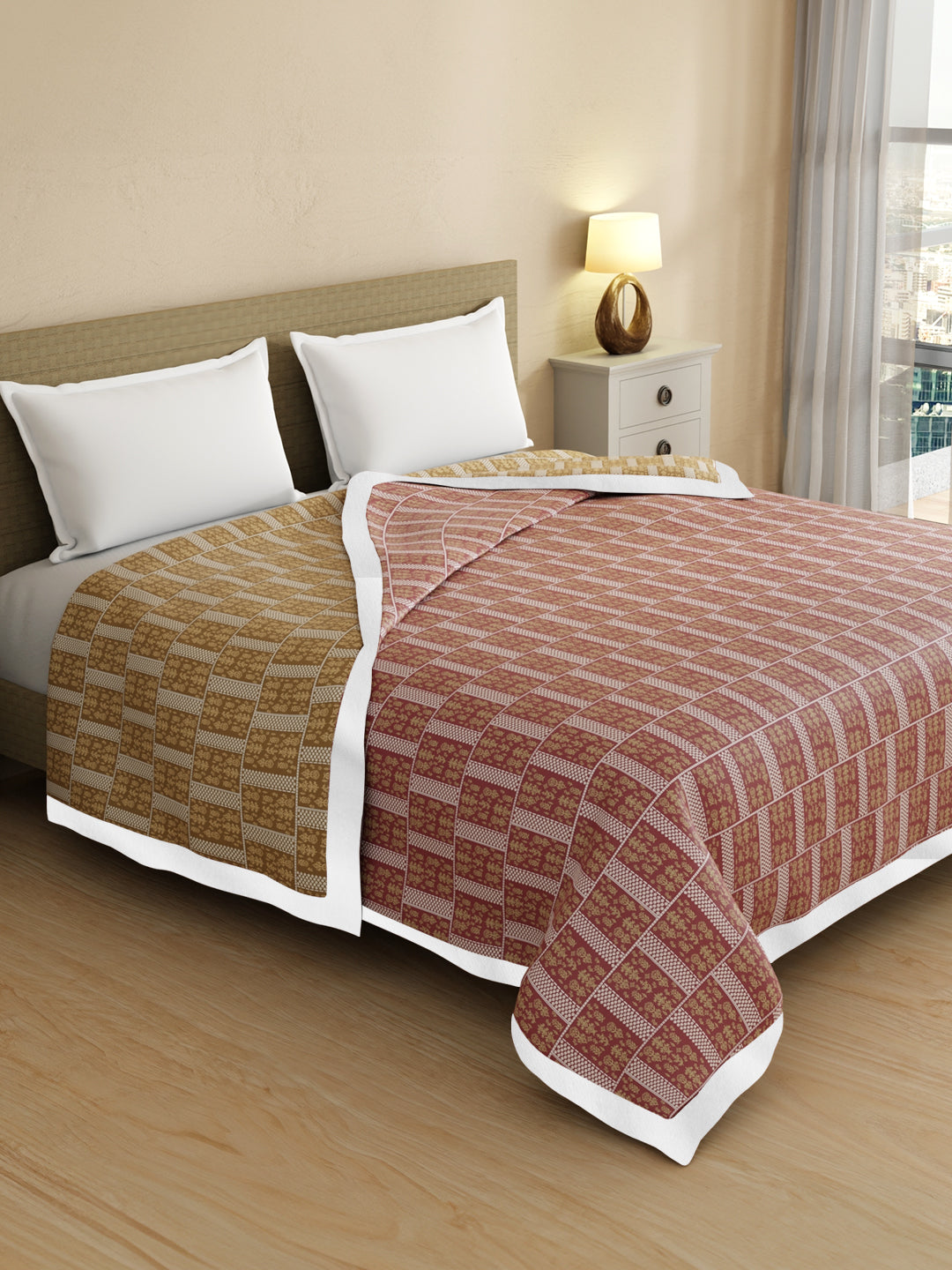 Valatia Karigari 100% Cotton 200 TC Pink & Yellow Ethnic Print Reversible Double Size Dohar (100 L x 90 W inches)