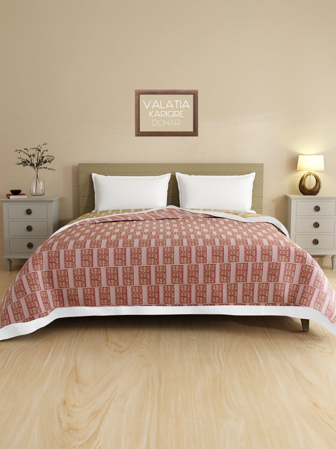 Valatia Karigari 100% Cotton 200 TC Pink & Yellow Ethnic Print Reversible Double Size Dohar (100 L x 90 W inches)