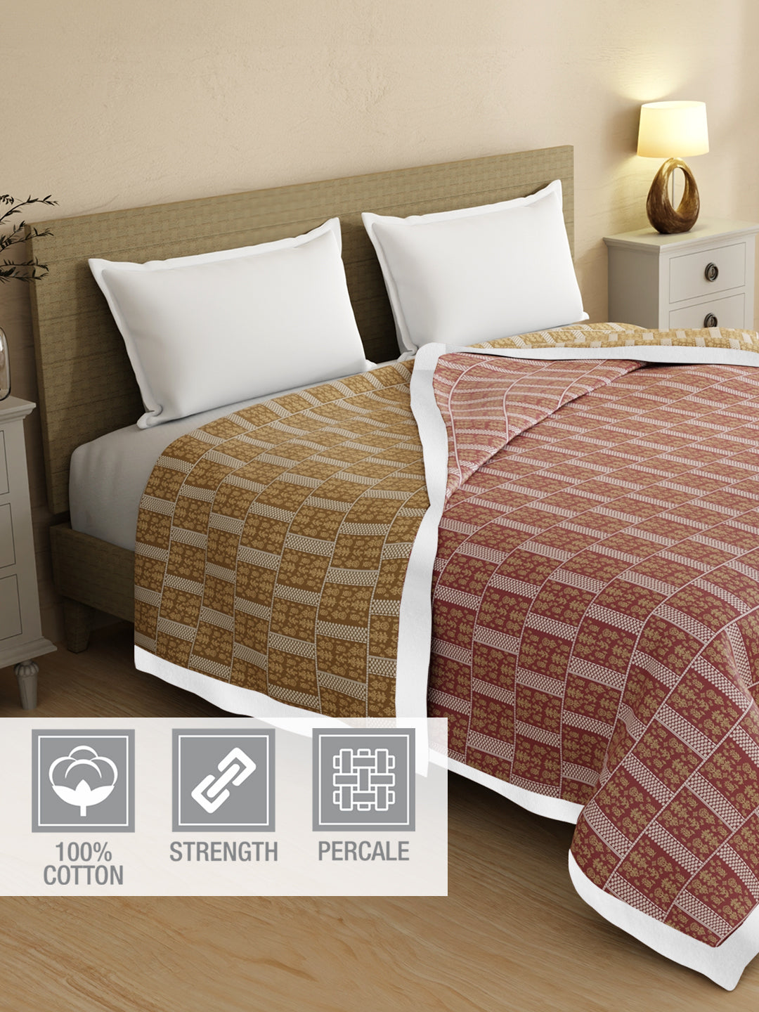 Valatia Karigari 100% Cotton 200 TC Pink & Yellow Ethnic Print Reversible Double Size Dohar (100 L x 90 W inches)