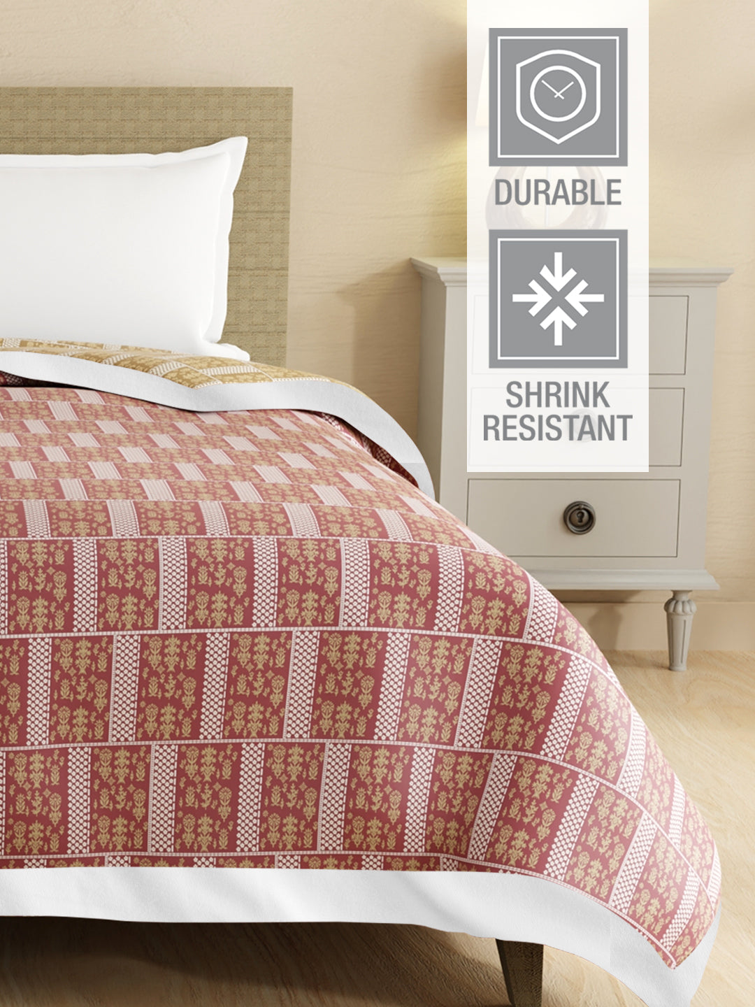 Valatia Karigari 100% Cotton 200 TC Pink & Yellow Ethnic Print Reversible Double Size Dohar (100 L x 90 W inches)