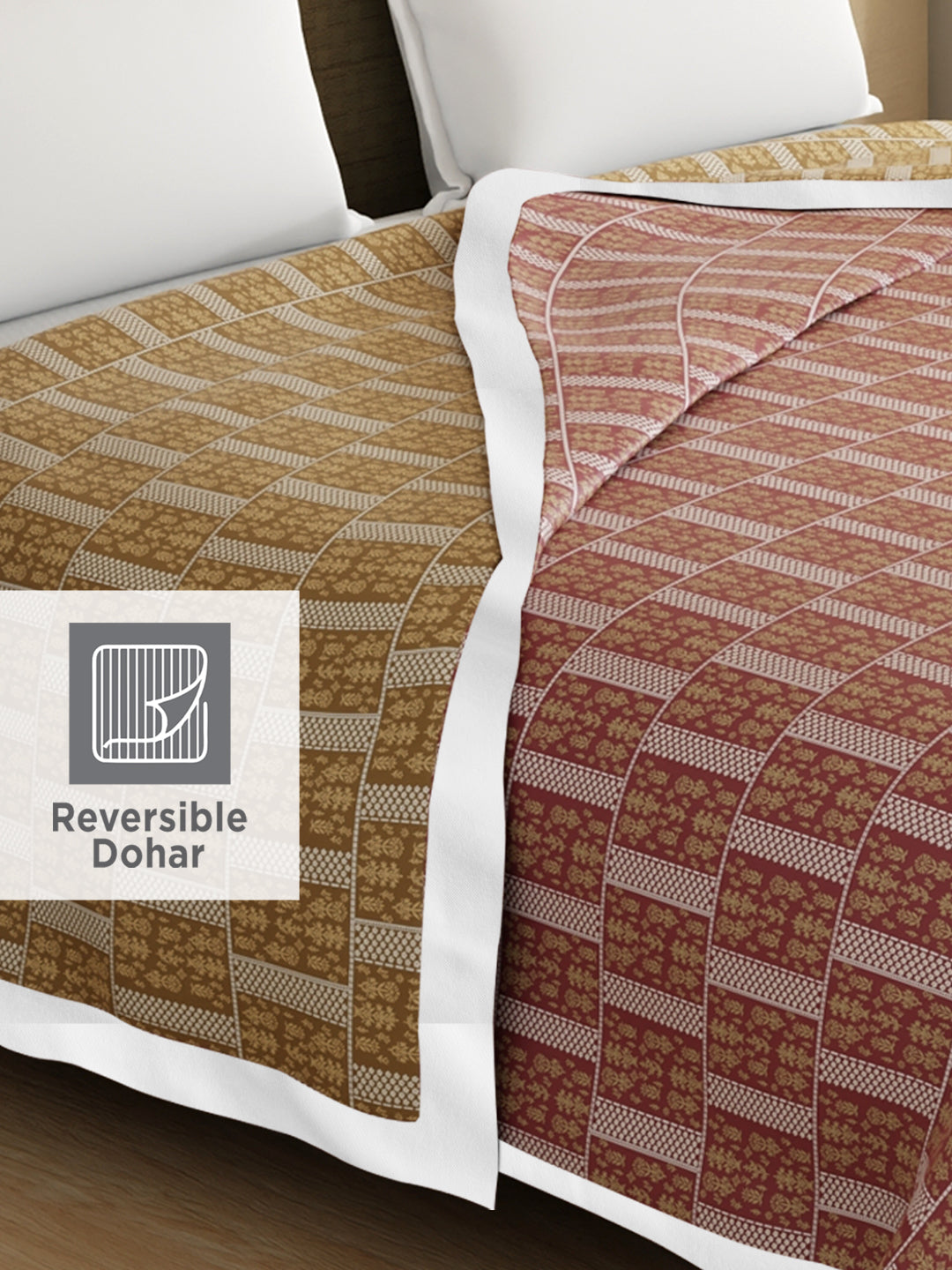 Valatia Karigari 100% Cotton 200 TC Pink & Yellow Ethnic Print Reversible Double Size Dohar (100 L x 90 W inches)