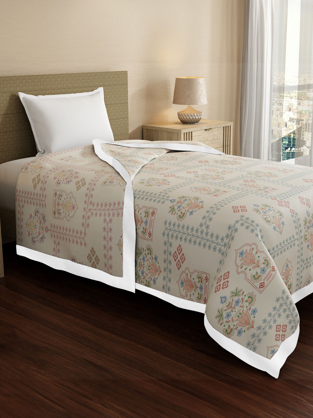 Valatia Karigari 100% Cotton 200 TC Grey Ethnic Print Reversible Single Size Dohar (88 L x 60 W inches)