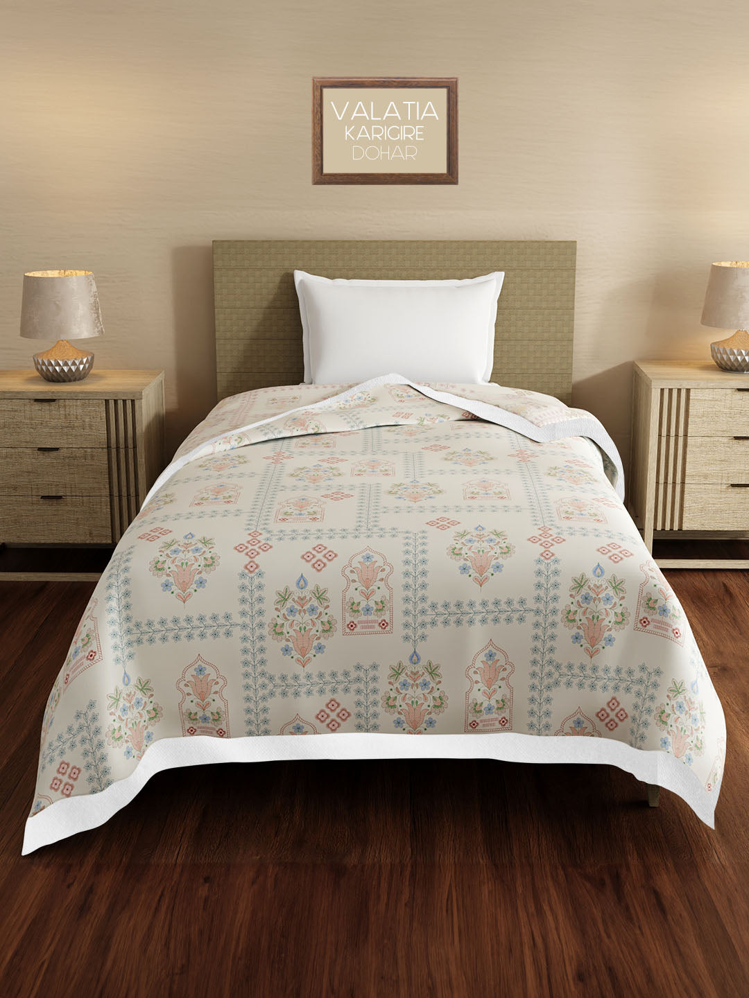 100% Cotton Reversible Single Size Dohar, 200 TC Grey Ethnic Print (88 L x 60 W inches), Valatia Karigari