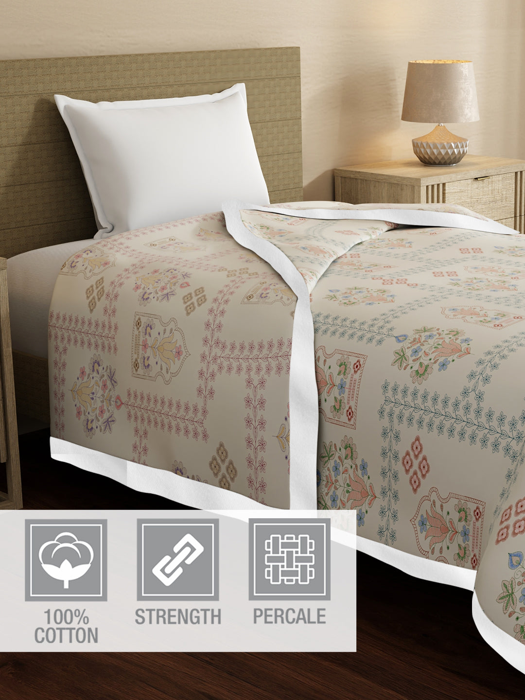 100% Cotton Reversible Single Size Dohar, 200 TC Grey Ethnic Print (88 L x 60 W inches), Valatia Karigari