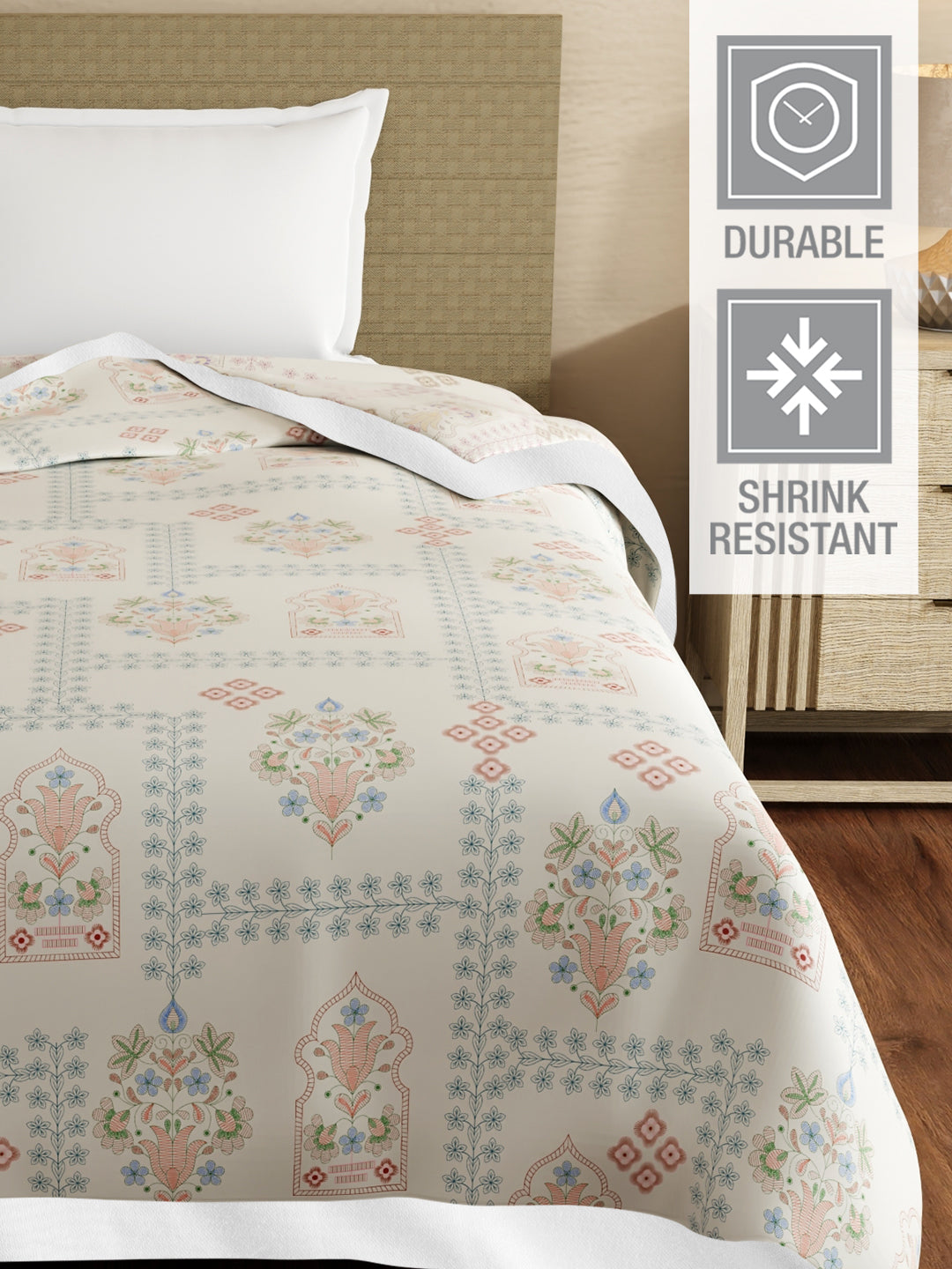 Valatia Karigari 100% Cotton 200 TC Grey Ethnic Print Reversible Single Size Dohar (88 L x 60 W inches)