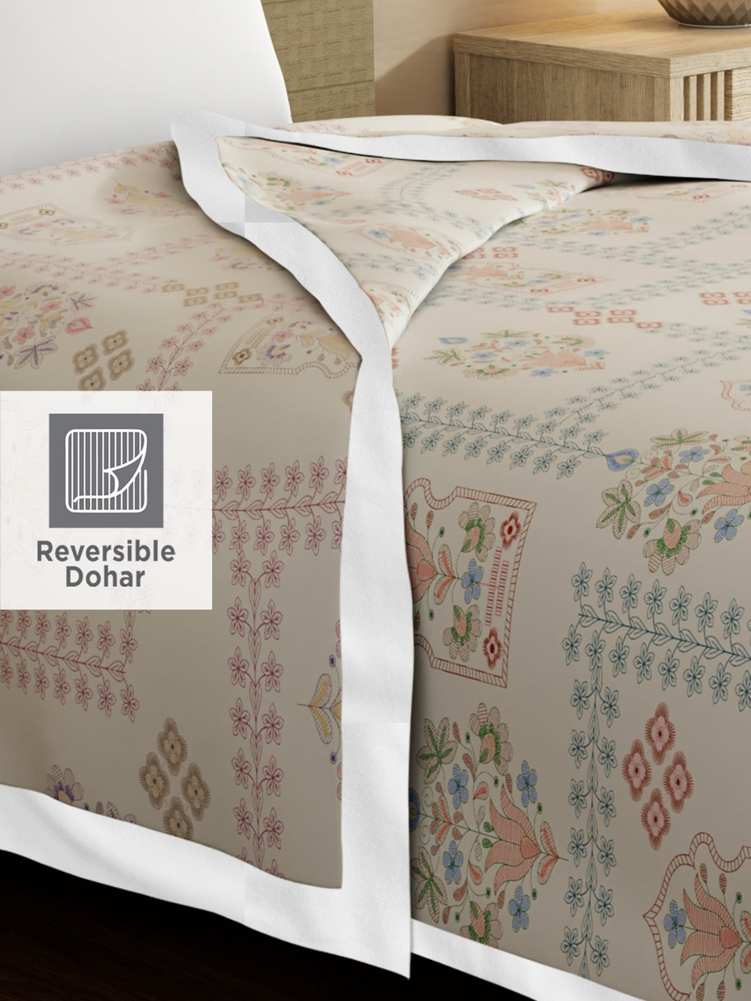 Valatia Karigari 100% Cotton 200 TC Grey Ethnic Print Reversible Single Size Dohar (88 L x 60 W inches)