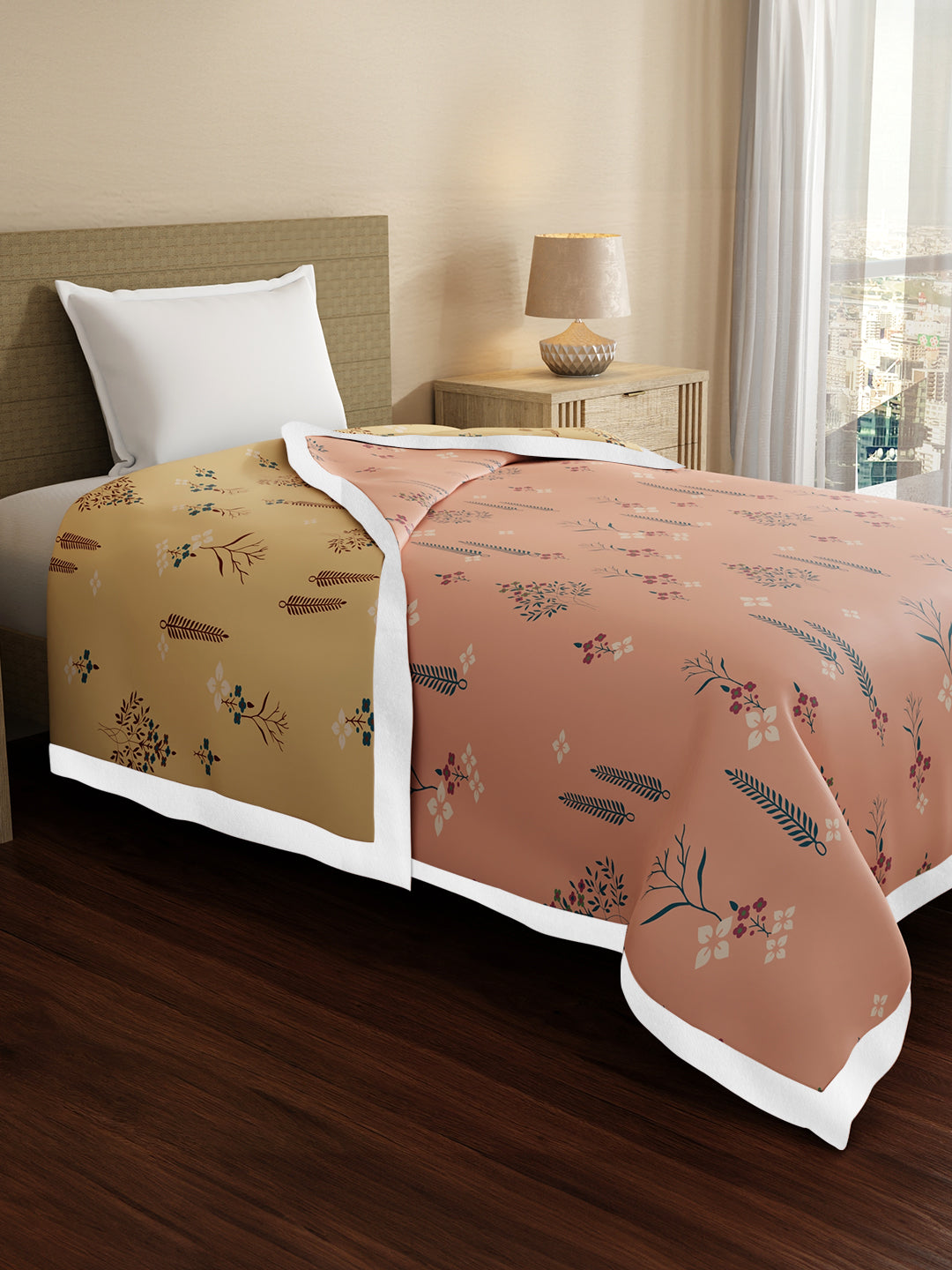 Valatia Karigari 100% Cotton 200 TC Peach & Yellow Floral Reversible Single Size Dohar (88 L x 60 W inches)