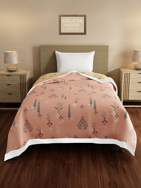 Valatia Karigari 100% Cotton 200 TC Peach & Yellow Floral Reversible Single Size Dohar (88 L x 60 W inches)