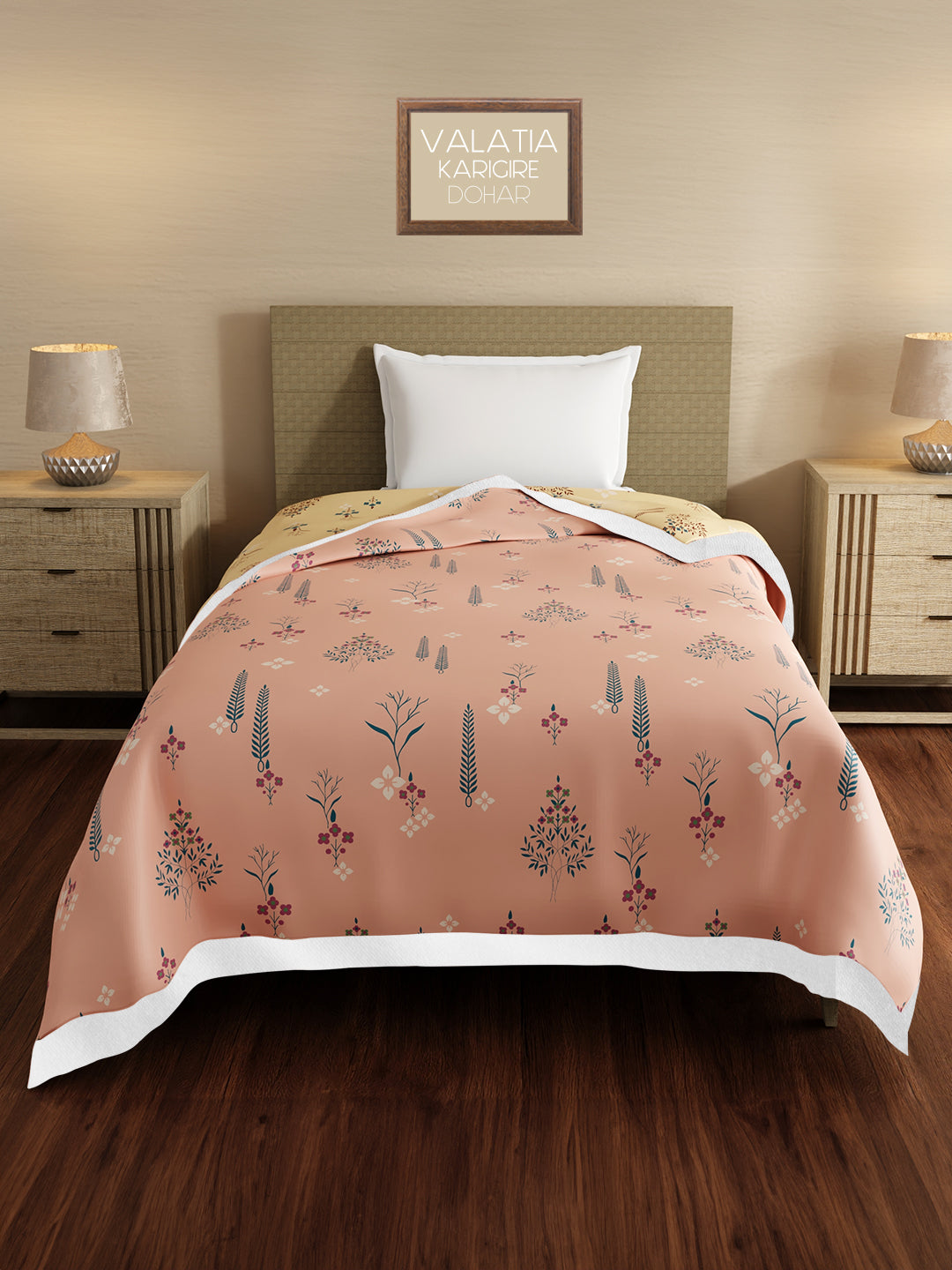 100% Cotton Reversible Single Size Dohar, 200 TC Peach & Yellow Floral (88 L x 60 W inches), Valatia Karigari