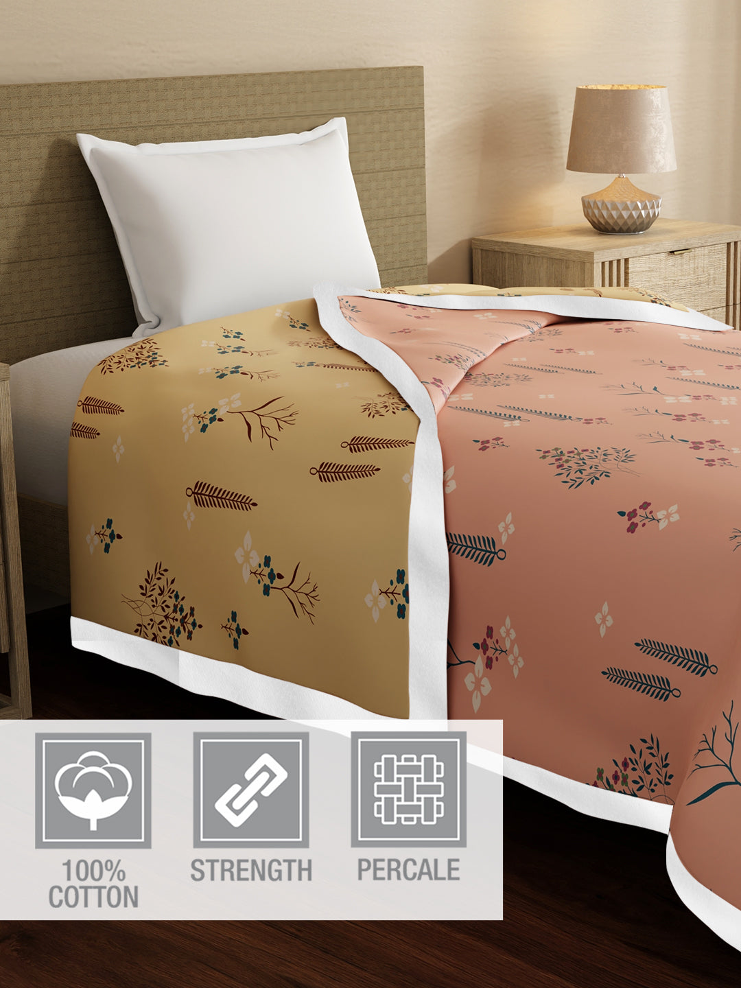 100% Cotton Reversible Single Size Dohar, 200 TC Peach & Yellow Floral (88 L x 60 W inches), Valatia Karigari