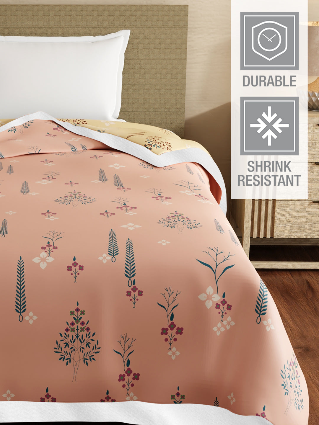 Valatia Karigari 100% Cotton 200 TC Peach & Yellow Floral Reversible Single Size Dohar (88 L x 60 W inches)