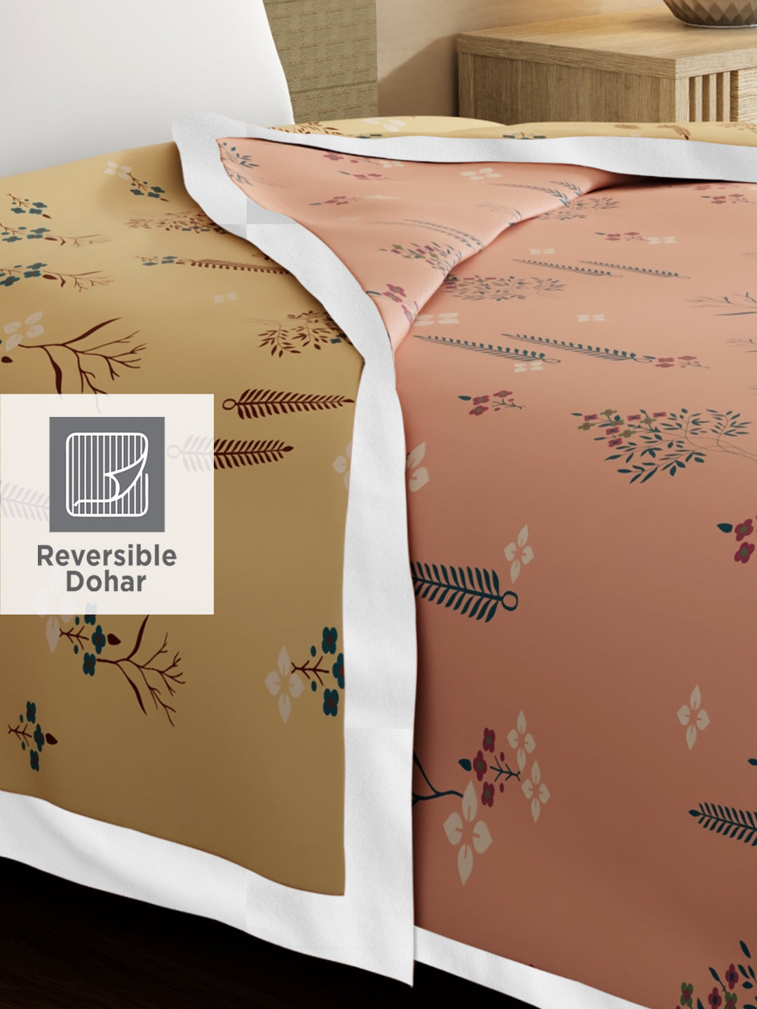Valatia Karigari 100% Cotton 200 TC Peach & Yellow Floral Reversible Single Size Dohar (88 L x 60 W inches)