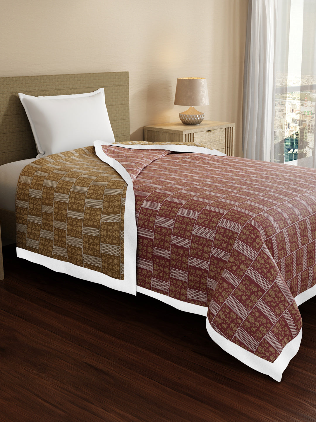 Valatia Karigari 100% Cotton 200 TC Pink & Yellow Ethnic Print Reversible Single Size Dohar (88 L x 60 W inches)