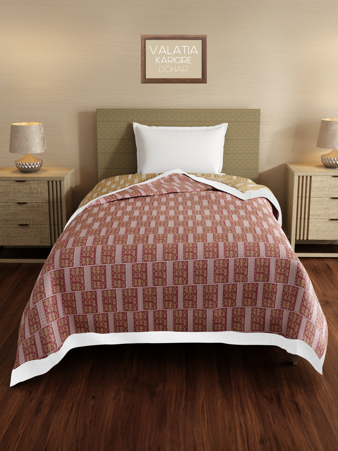 100% Cotton Reversible Single Size Dohar, 200 TC Pink & Yellow Ethnic Print (88 L x 60 W inches), Valatia Karigari