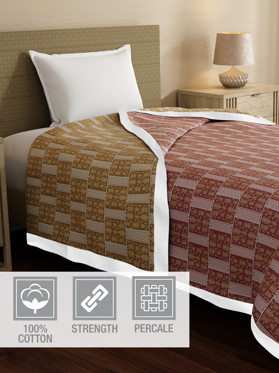 100% Cotton Reversible Single Size Dohar, 200 TC Pink & Yellow Ethnic Print (88 L x 60 W inches), Valatia Karigari