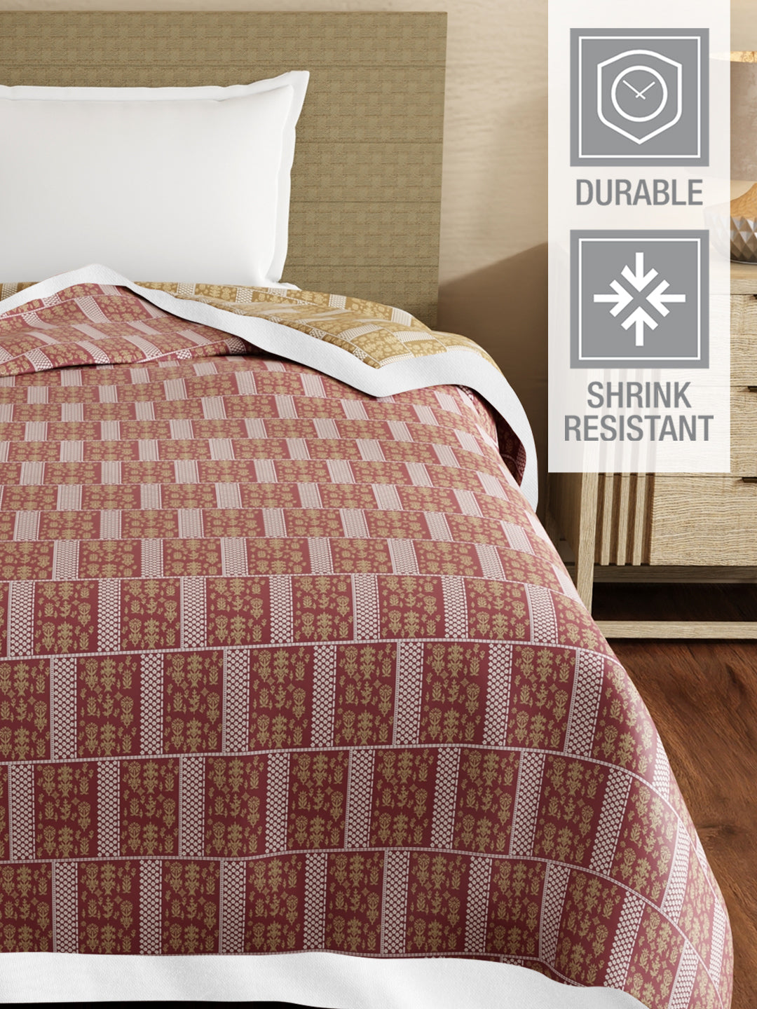 Valatia Karigari 100% Cotton 200 TC Pink & Yellow Ethnic Print Reversible Single Size Dohar (88 L x 60 W inches)