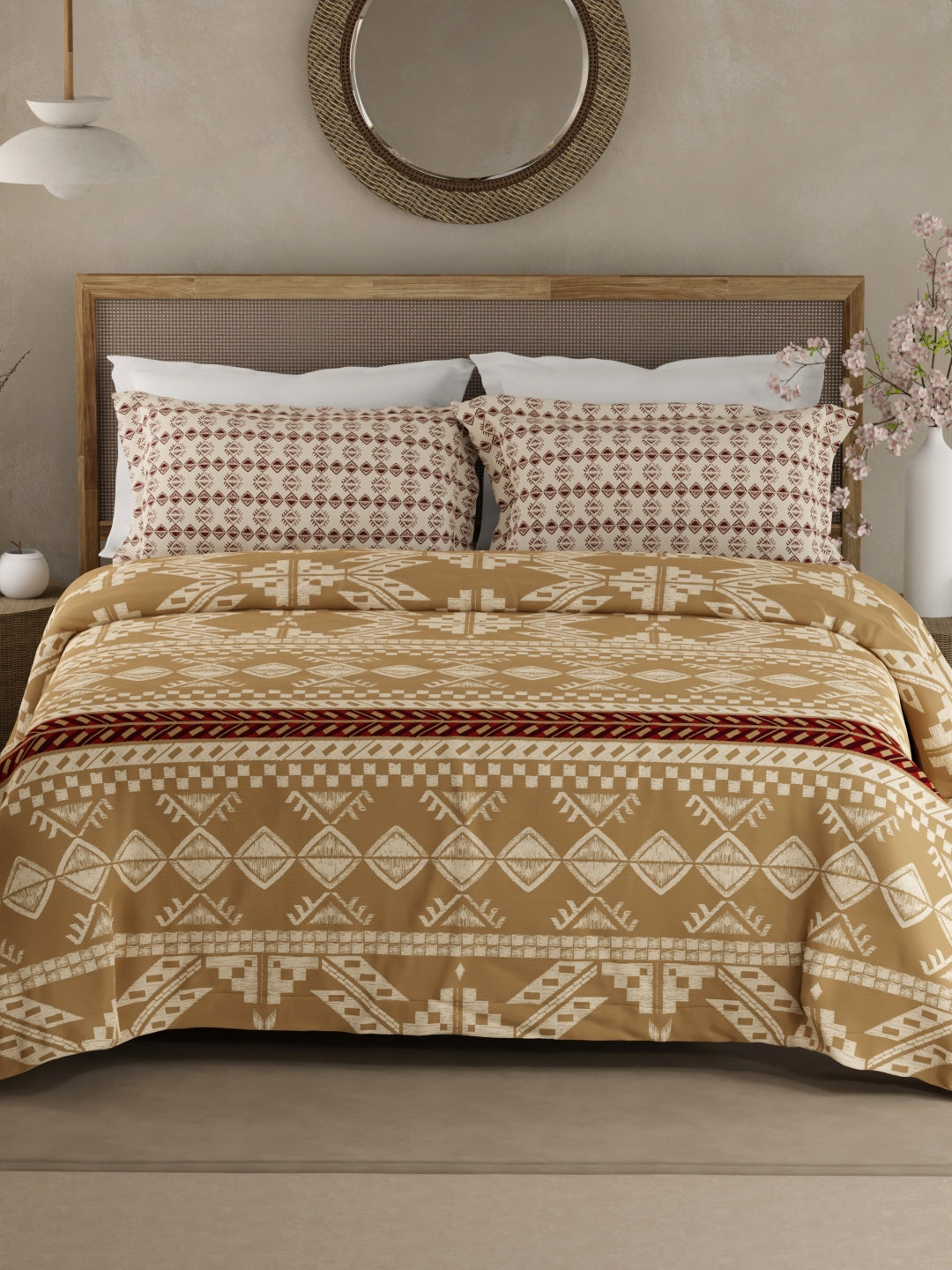 Valatia Gypsy 100% Cotton 200 TC Ethnic Printed King Bedsheet with 2 Pillow Covers - Brown & White