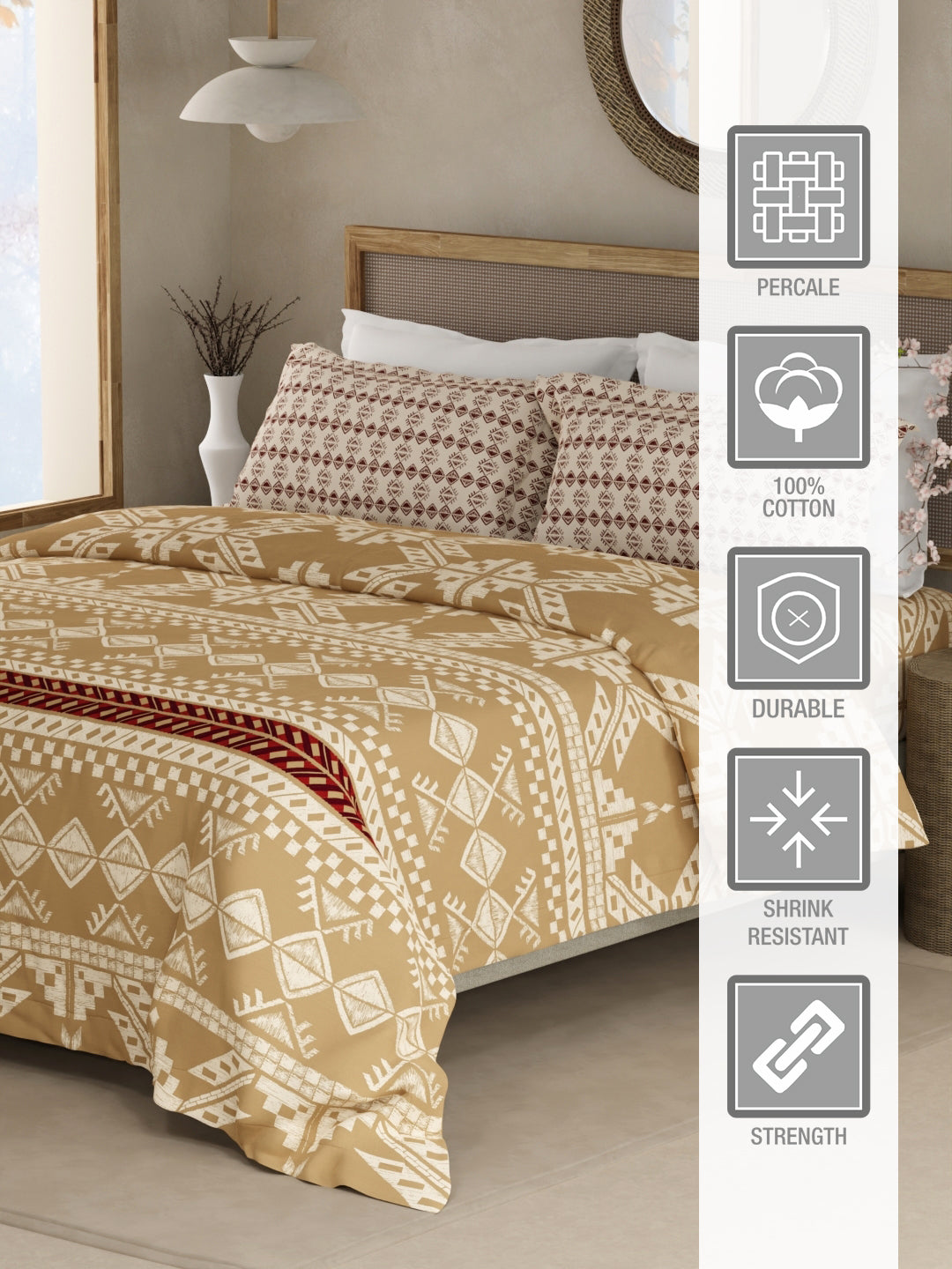 Valatia Gypsy 100% Cotton 200 TC Ethnic Printed King Bedsheet with 2 Pillow Covers - Brown & White