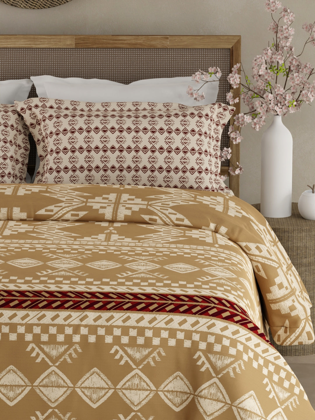 Valatia Gypsy 100% Cotton 200 TC Ethnic Printed King Bedsheet with 2 Pillow Covers - Brown & White